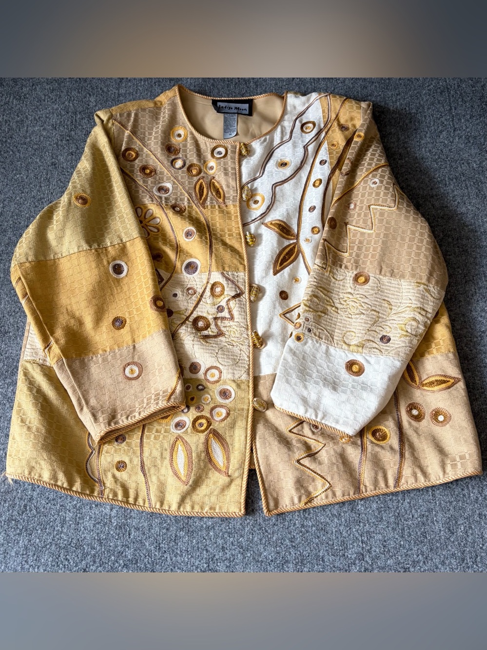 Indigo‎ Moon Patchwork Blazer Women 1X Mustard Yellow Ivory Embroidered Jacket